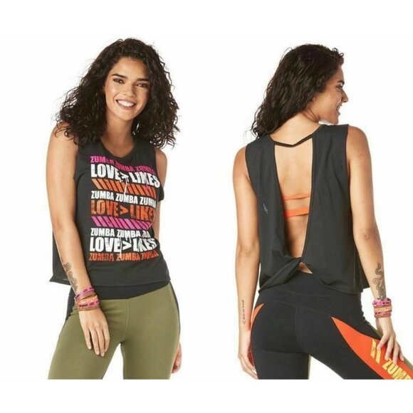 Zumba Fitness Love Over Likes Open Back Tank Top Black With Graphic Design Women - Picture 1 of 5